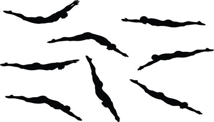 Diving silhouette set showing streamlined body positions in water entry, capturing motion, technique, athletic form, sports action and human grace