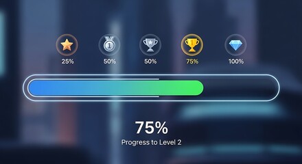 Digital Game UI with Level Up Progress Bar and Achievement Milestones.