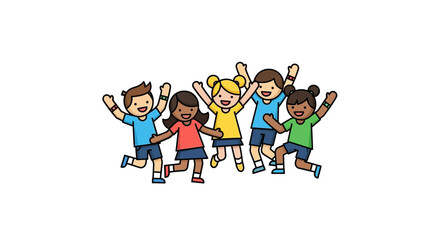 Group of diverse kids jumping with joy celebrating friendship and unity in a playful scene ideal for illustrating childhood themes and community projects.