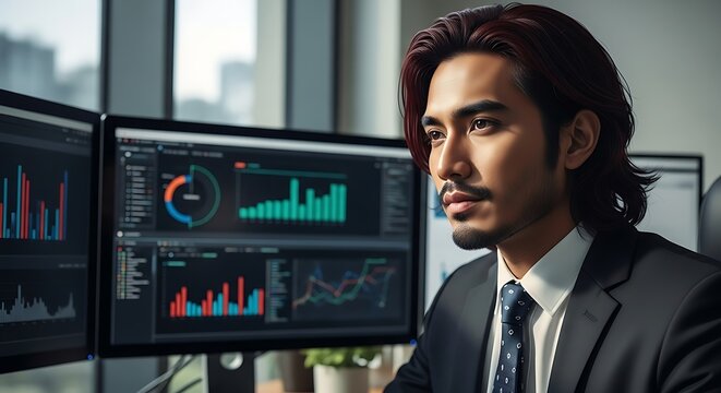 Focused male stock trader analyzing financial market data on multiple computer monitors in a modern office. - Powered by Adobe