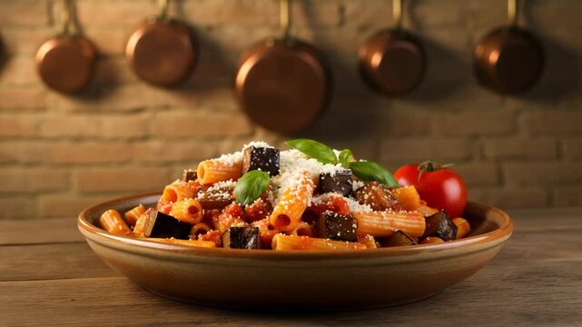 Rustic bowl of Pasta alla Norma with rigatoni in tomato sauce, topped with fried eggplant cubes, grated cheese and basil leaves, on a wooden table in an Italian kitchen with brick wall