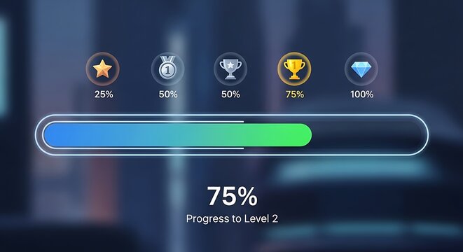 Digital Game UI with Level Up Progress Bar and Achievement Milestones.