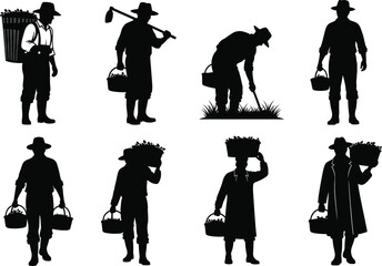 Farming silhouette vector set showing traditional agriculture, manual labor, harvest tools, baskets, and 