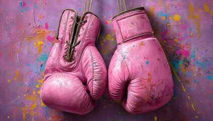 Pink boxing gloves hang against vibrant, colorful background, showcasing blend of artistic splashes and textures that evoke energy and passion
