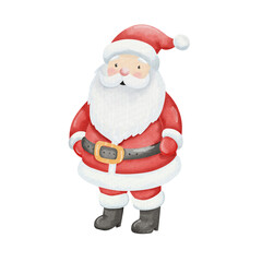Santa Claus. Watercolor illustration of father christmas in traditional red suit with white beard. Cute old man, isolated on white background. Symbol of the holidays, New Year, and Christmas.