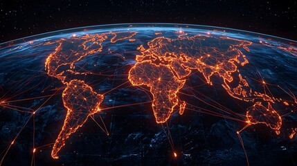 The image shows a digital rendition of Earth, with continents outlined in glowing orange networks and lines against a dark blue oceanic background, under a starry sky.