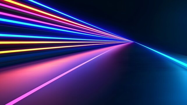 The image showcases a dark tunnel or space with vivid neon lights, arranged in parallel lines, creating a perspective effect with a gradient of colors, giving a futuristic appearance.