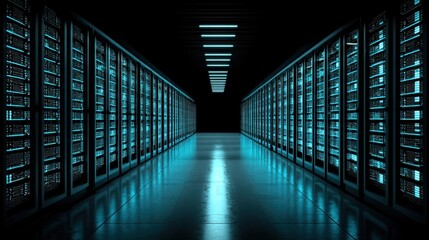 Futuristic data center corridor illuminated by blue light showcasing rows of server racks and technology equipment in a dark environment