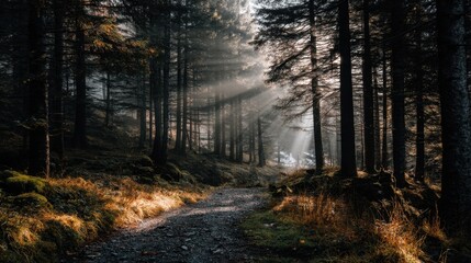 Obraz premium Serene Forest Pathway with Sunlight Rays Piercing Through Tall Trees, Enveloped in Mystical Atmosphere and Soft Nature Sounds in Tranquil Environment
