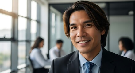 Portrait of a confident young Asian businessman smiling at the camera in a modern office with colleagues meeting in the background.
