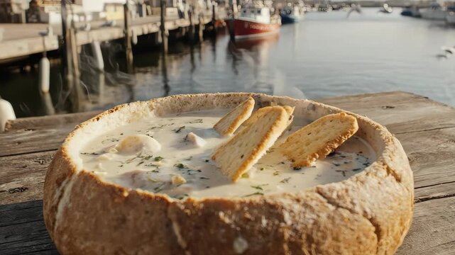 Creamy Clam Chowder in a Bread Bowl at a Fishing Harbor