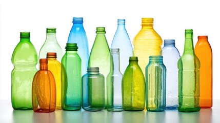 Colorful Collection of Empty Plastic Bottles in Various Shapes Displayed on a White Background for Recycling and Eco-Friendly Concepts