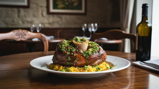 Braised veal shank osso buco over saffron risotto alla Milanese, exposed marrow bone and gremolata, served on a white plate at a rustic restaurant table, rich northern Italian comfort food