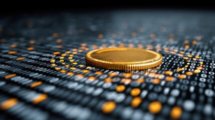 Gold coin placed on a surface with digital binary numbers representing cryptocurrency and financial technology concepts in modern investment scenarios