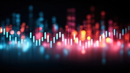 Abstract Visualization of Digital Data Representation with Colorful Light Waves and Graphic Bar Charts on a Dark Background