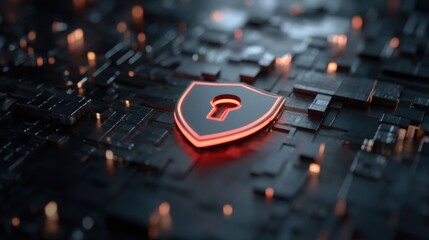 High-Tech Shield Icon with Keyhole on a Digital Circuit Background for Cybersecurity and Protection Concepts in Futuristic Design