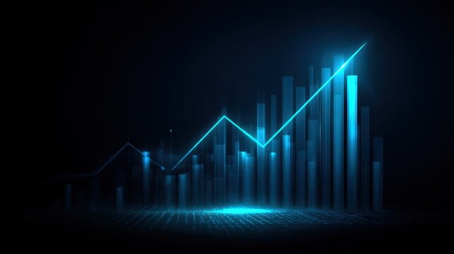 Abstract futuristic digital graph illustration showing rise in data trends with glowing blue lines on dark background for business and technology concepts