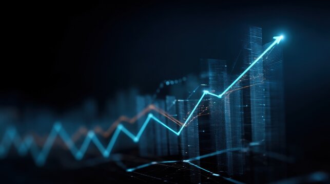 Abstract Digital Financial Growth Chart with 3D Bars and Blue Arrow Representing Increasing Stock Market Trends and Data Analysis in Dark Background