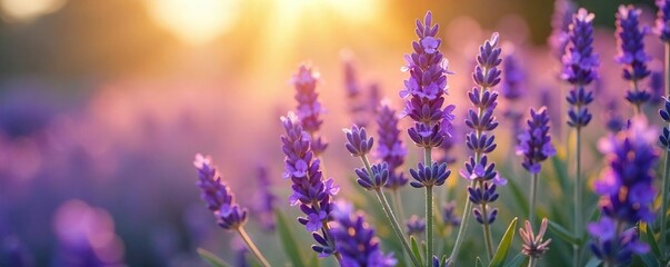 Fototapeta premium Serene Lavender Bloom Sunlight Dapples Delicate Purple Flowers, Releasing a Calming Aroma in a Gentle Breeze, Creating a Peaceful Spa-Like Atmosphere.