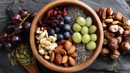 Colorful assortment of healthy snacks in wooden bowl, featuring grapes, berries, nuts, seeds, and dried fruits on rustic stone background