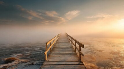 Obraz premium Tranquil Wooden Pier Stretching Over Misty Water at Sunrise with Soft Hues of Orange and Blue Creating a Serene Atmosphere in Nature