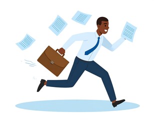 A cartoon businessman joyfully hurries forward with papers and a briefcase