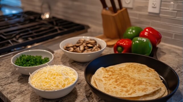 Delicious Quesadilla Preparation with Fresh Ingredients on Kitchen Counter - Powered by Adobe
