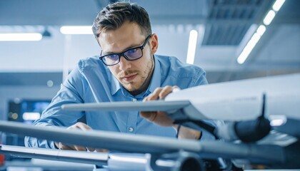 An engineer is working on a model of an aircraft in a modern, well-lit workshop. He's focused on the details, showcasing precision and technological expertise