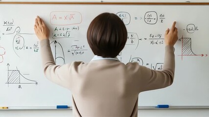 A female teacher from behind writing complex mathematical equations and graphs on a large whiteboard in a classroom. - Powered by Adobe