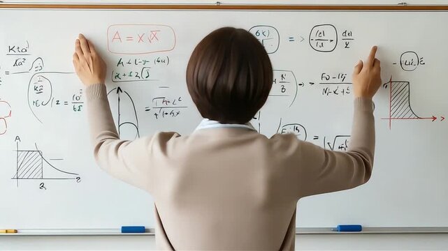A female teacher from behind writing complex mathematical equations and graphs on a large whiteboard in a classroom. - Powered by Adobe