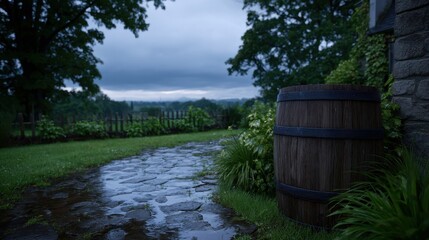 Obraz premium Captivating Rainwater Breaching the Top of a Weathered Barrel in a Serene Outdoor Setting