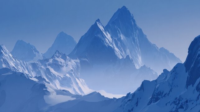 Snow-covered peaks rise dramatically against a bright blue sky, enveloped in a gentle mist, creating a tranquil atmosphere in the early morning hours.