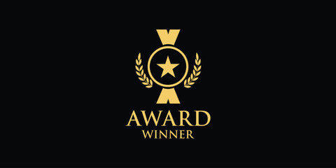 Gold award of winner medal abstract vector and logo design or template champions business icon of company identity symbol concept