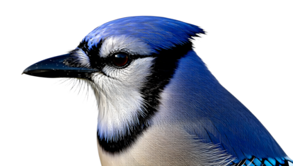 A bright blue jay on a white background