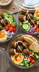 Three plastic containers of falafel salad with hummus, vegetables, and pita bread on a wooden table.