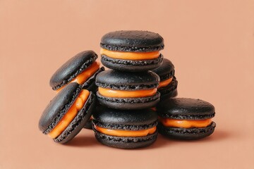 digital painting of black macarons with orange filling stacked neatly, pastel peach background, halloween minimal dessert