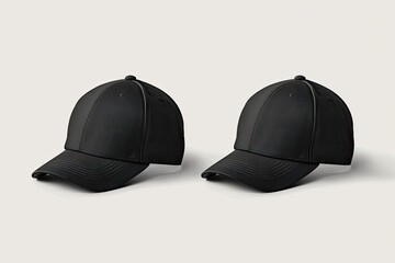 Two black baseball caps displayed against a plain backdrop for product presentations