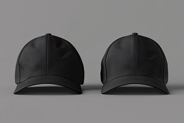 Two Black Caps facing forward against grey, product shot mockup for design, blank