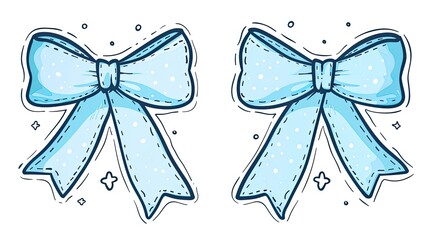 Two light blue cartoon bows with white dots, sparkle background, for cards