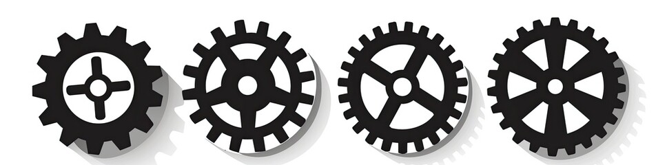Variety of Gears Four Black Cogwheels Against White Backdrop. Engineering imagery