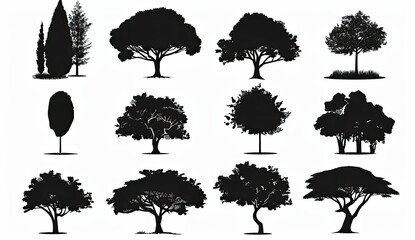 Various tree silhouettes collection for landscape design against a white background