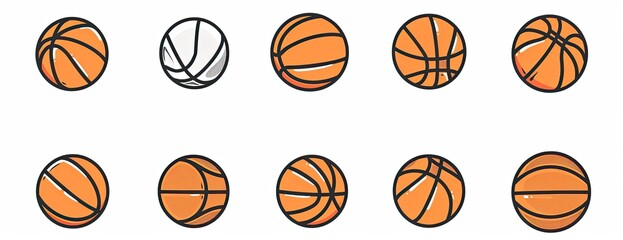 Various basketballs in a row on a white background, for decoration or games