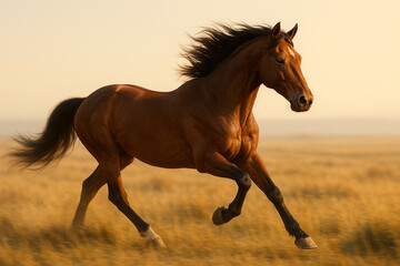 Fototapeta premium Powerful Brown Stallion Running Across Golden Field at Sunrise
