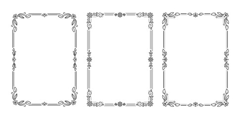 A4 frames set. Outline abstract vintage curve floral patterns, borders with contour delicate flourishes, leafy corners. Trims highlight linear motifs. Perimeters weave smooth margins exhibit swirls © Suesse