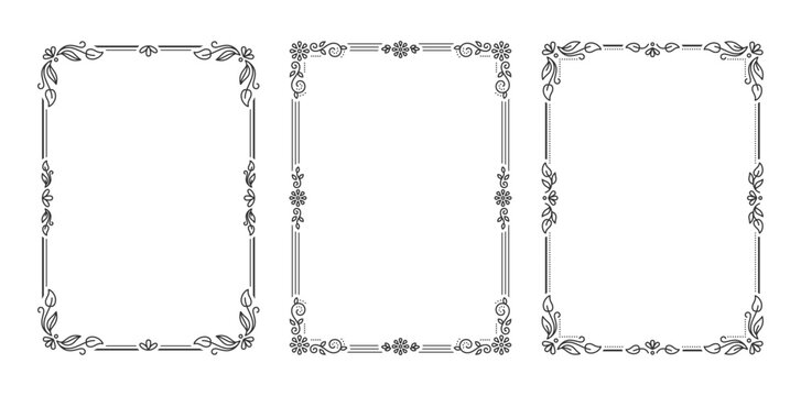 A4 frames set. Outline abstract vintage curve floral patterns, borders with contour delicate flourishes, leafy corners. Trims highlight linear motifs. Perimeters weave smooth margins exhibit swirls