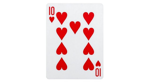 A close-up of a playing card featuring hearts, and the number 10