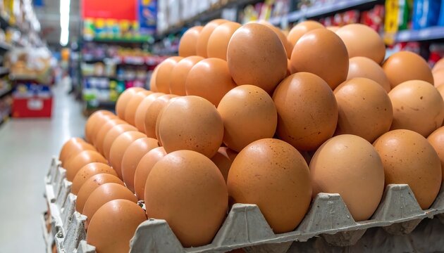 A close-up of a pyramid of brown eggs in a cardboard tray at a supermarket