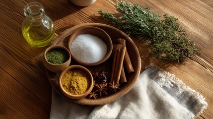Rustic Flat Lay of Seasonal Spices with Olive Oil and Fresh Herbs on Wooden Table