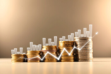 Wealth concept. Stacked coins, graphs and arrow against dark beige background