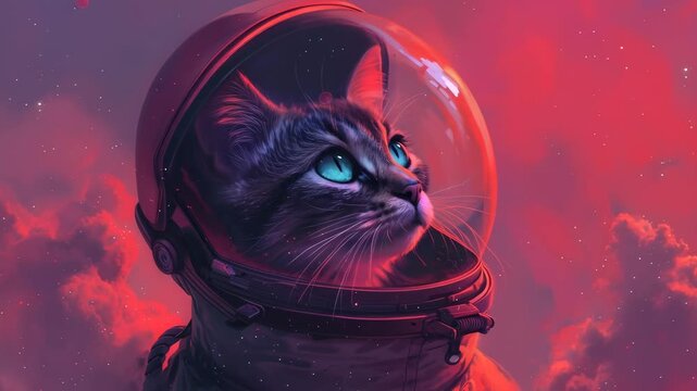 A cat astronaut with striking blue eyes exploring a red nebulous cosmic landscape, gazing upwards in deep space, animated footage.